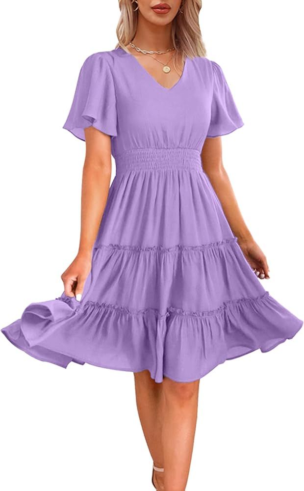 Zattcas Women 2024 Short Sleeve Summer Dress V Neck Smocked Waist Casual Flowy A Line Tiered Work... | Amazon (US)