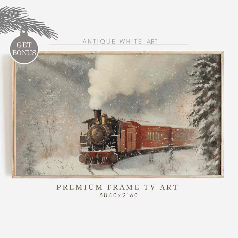 Frame TV Christmas Express Train, Moody Winter Landscape, Samsung Frame TV Art, Snowy Railroad Ch... | Etsy (US)