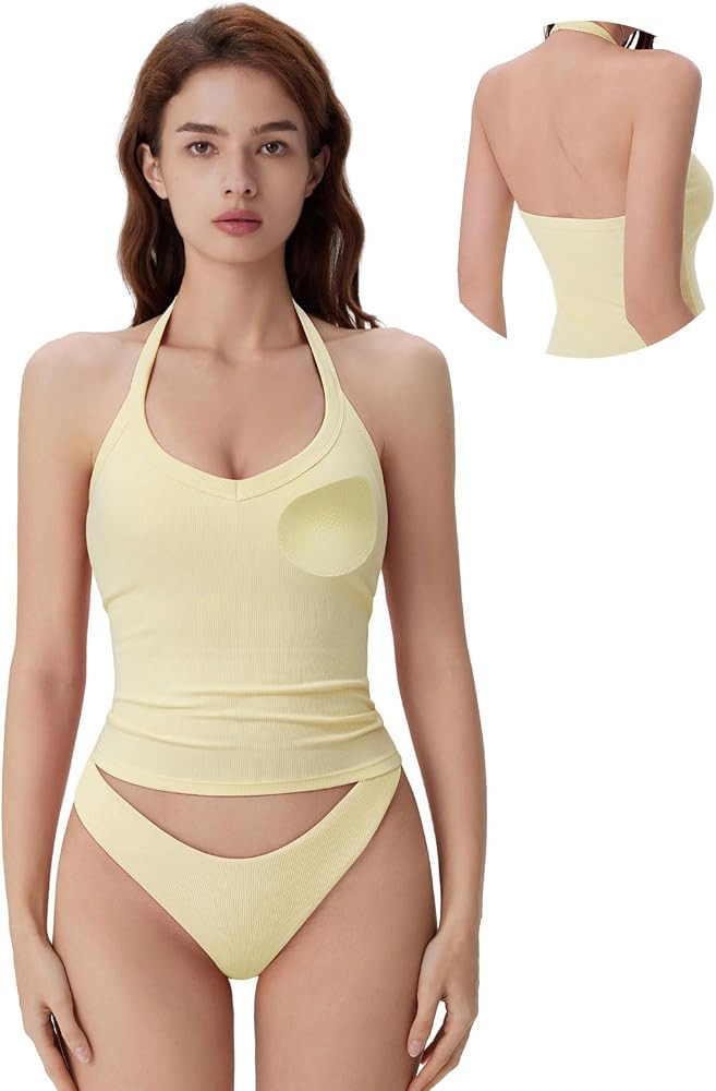 SUUKSESS Women Halter Top with Built in Bra Padded Ribbed V Neck Tank Tops | Amazon (US)