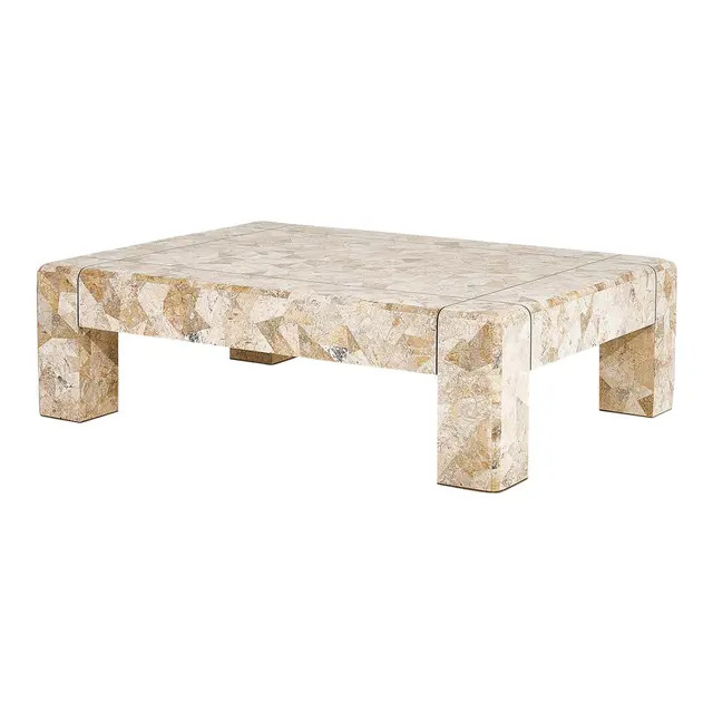 Karl Springer Brass and Tessellated Travertine Coffee Table, 1970 | Chairish