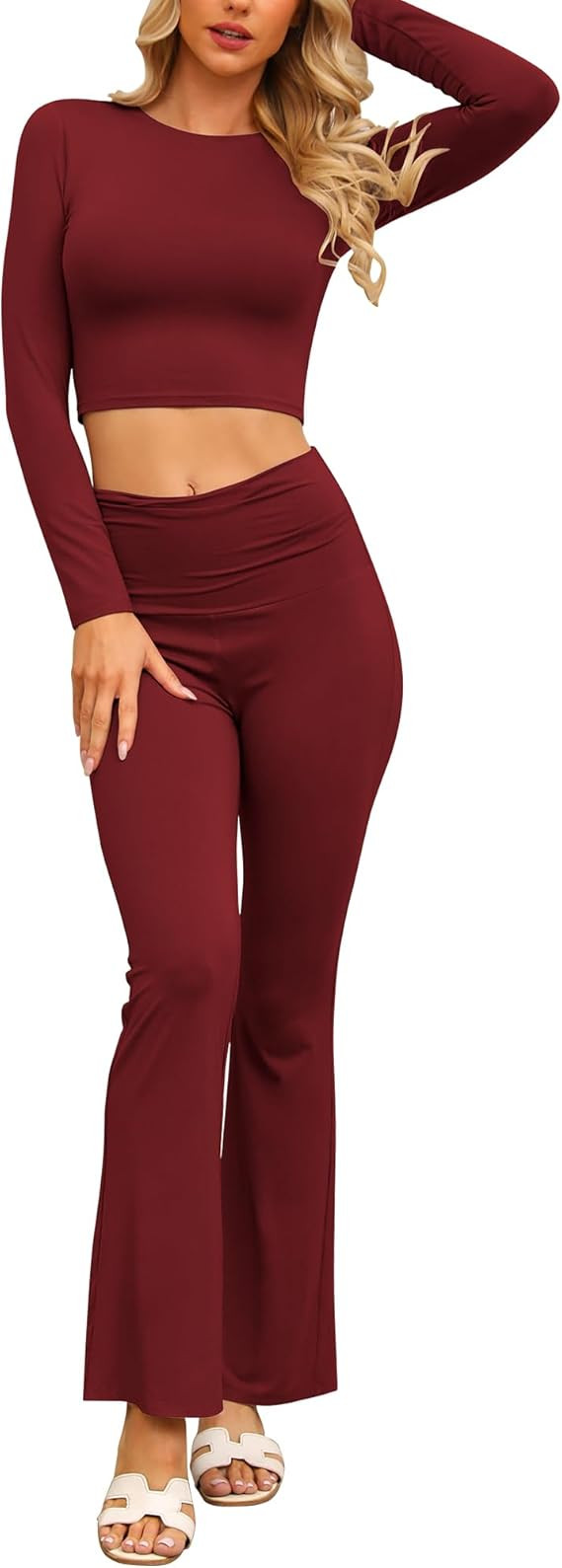 Women's Lounge Set with Fold-Over Flare Pants & Long Sleeve Cropped Top - Perfect Casual Outfit a... | Amazon (US)
