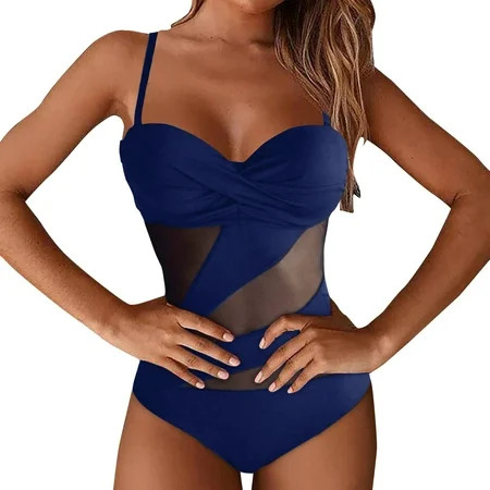 PEASKJP Women s One Piece Swimsuit Sports Adjustable Strap Bathing Suit Color Block Ribbed High Cut Swimsuits (Dark Blue L) | Walmart (US)