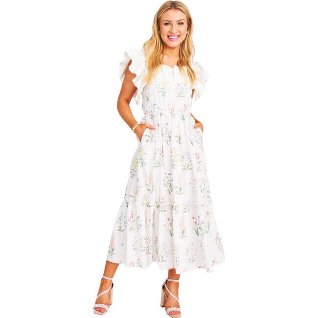 Women's The Elle Ruffle Sleeve Midi Dress, White Garden Floral | Maisonette