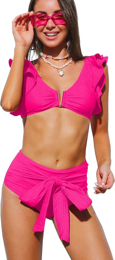 SPORLIKE Women Ruffle High Waist Swimsuit Two Pieces Push Up Tropical Print Bikini | Amazon (US)