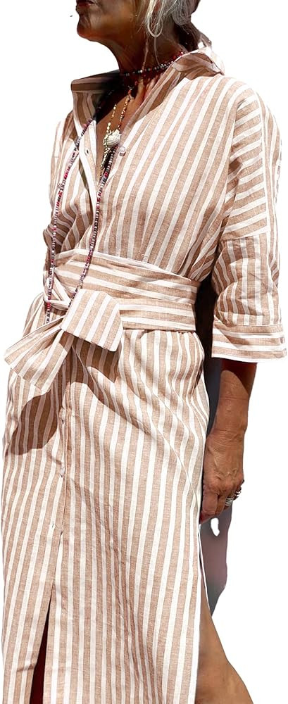 utcoco Womens 2025 Shirt Dress Casual Lapel 3/4 Sleeve Button Down Split Belted Vacation Maxi Dre... | Amazon (US)