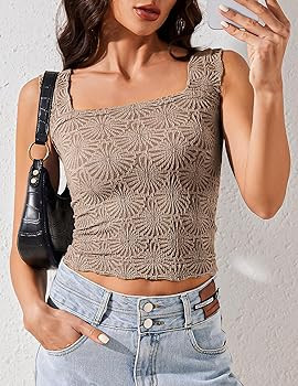Cropped Tank Tops for Women Square Neck Wide Straps Crop Tank Tops Backless Lettuce Trim Slim Fit... | Amazon (US)