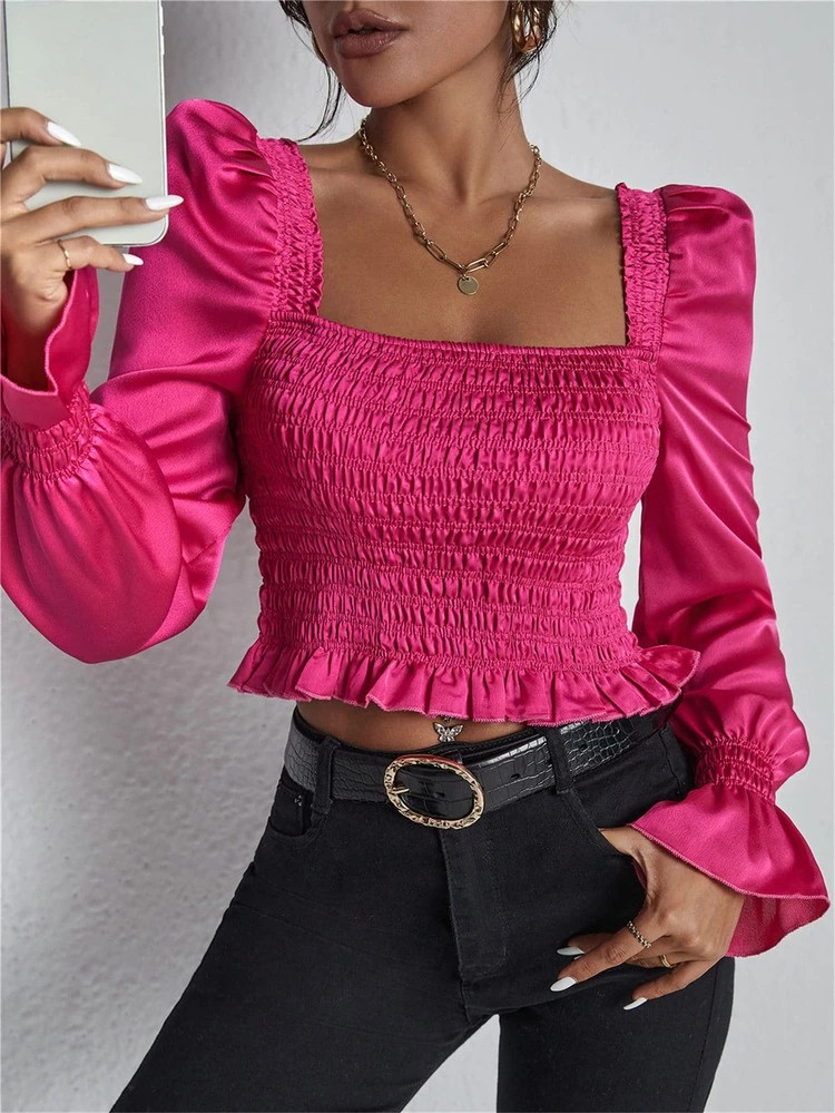 Square Neck Shirred Lettuce Trim Satin Crop Blouse | SHEIN