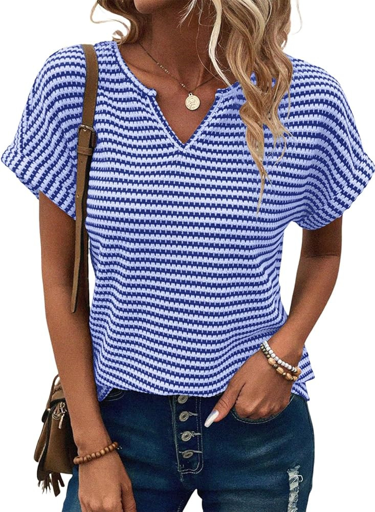 EVALESS Womens Dressy Casual Cap Short Sleeve Tops Trendy Summer V Neck Loose Striped Casual Basi... | Amazon (US)