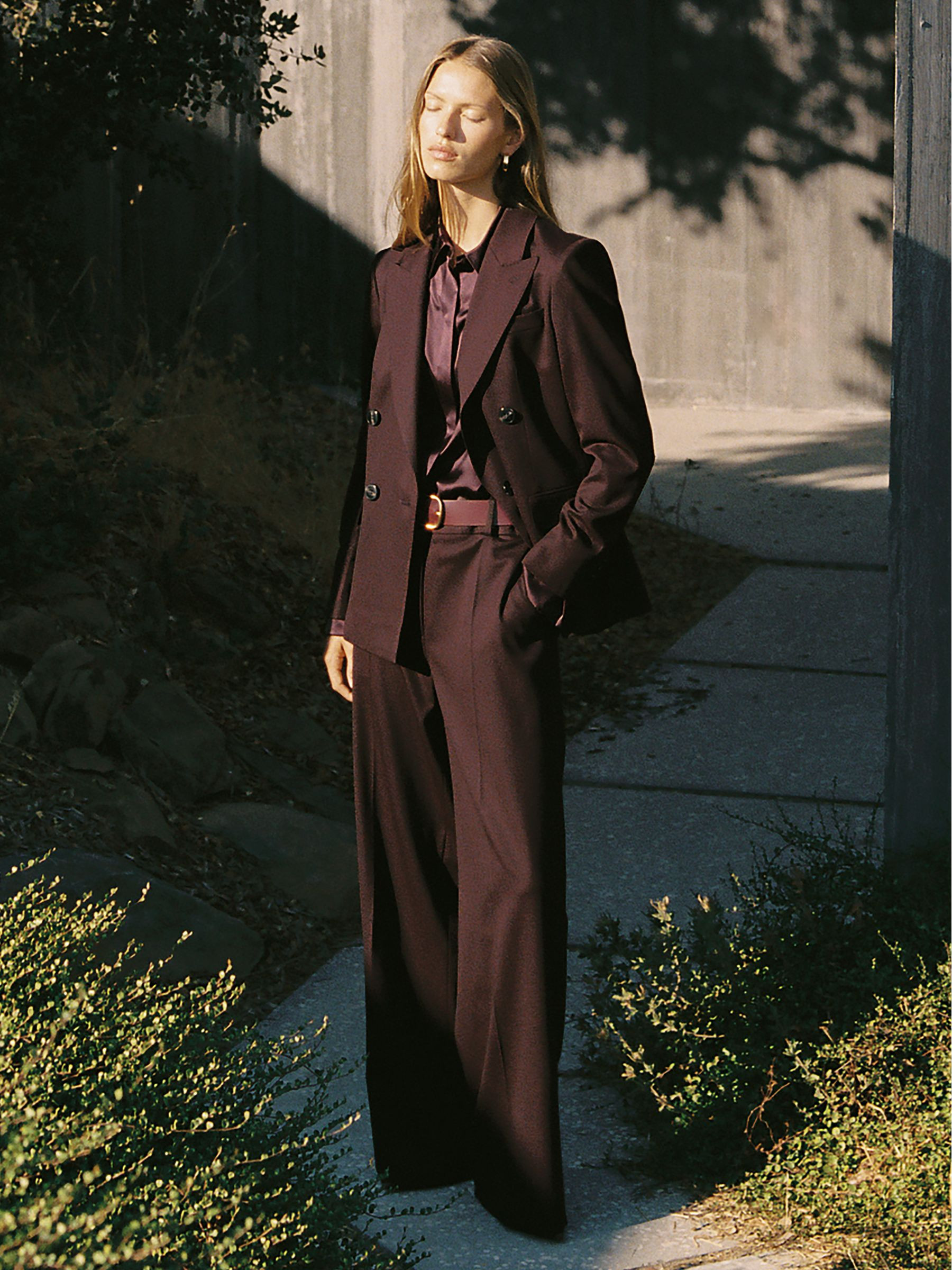 Reiss Wool-Blend Wide-Leg Suit Trousers in Aubergine - REISS | Reiss UK