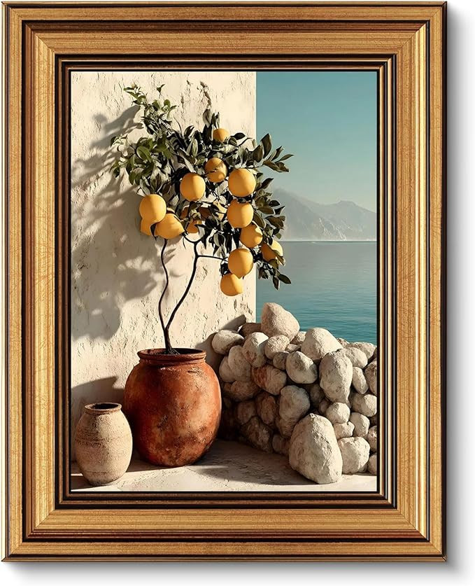 Gold Framed Wall Art, Vintage Mediterranean Lemon Tree Canvas Prints, Coastal Summer Picture Wall... | Amazon (US)