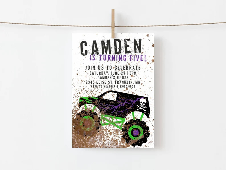 Monster Truck Birthday Party Invitation Printable Template, Grave Digger Monster Truck Instant Do... | Etsy (US)