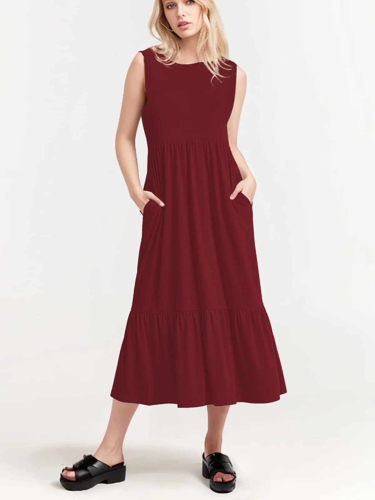 SIEANE Women's Summer Dress Casual Sleeveless Crew Neck Dress Tiered Maxi Beach Dress with Pocket... | Walmart (US)