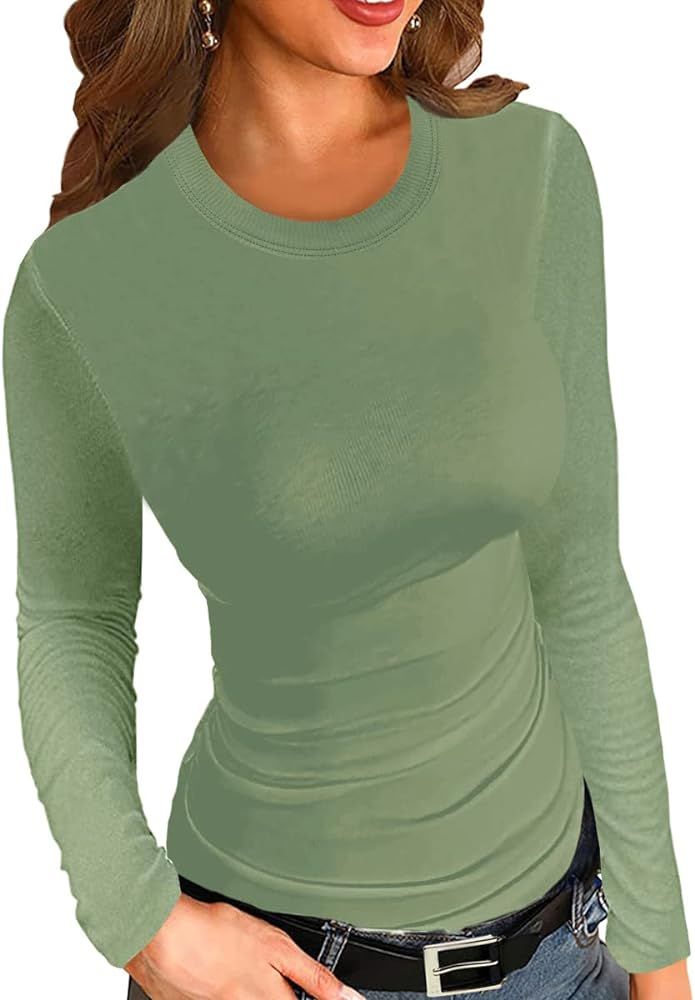 Afibi Women Ribbed Long Sleeve Crew Neck Slim Fit Stretchy Basic T Shirts Tops | Amazon (US)