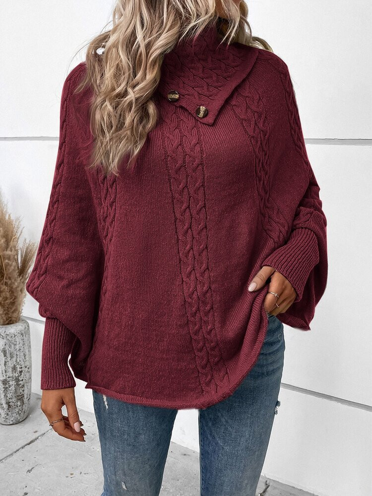 Turtleneck Batwing Sleeve Cable Knit Poncho | SHEIN