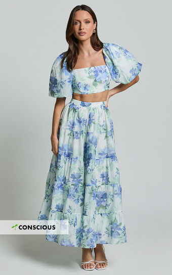 Amalie The Label - Rosa Crop Top and Tiered Maxi Skirt Two Piece Set in Elysian Print | Showpo (US, UK & Europe)