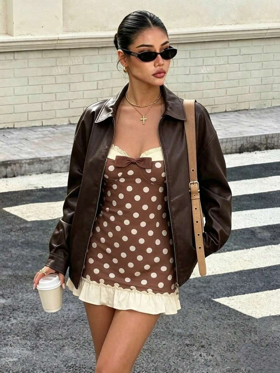 Summer Brown Polka Dot Bow Tie Dress,Suitable For Dates,Parties,Elegant,Birthday | SHEIN