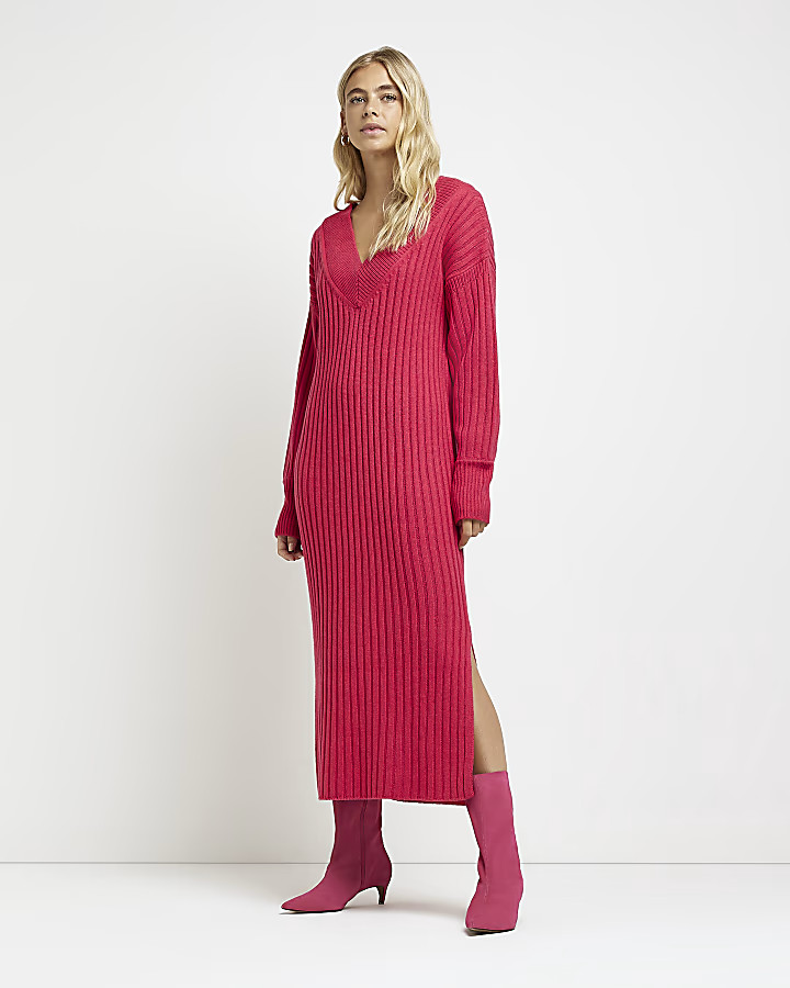 Pink knit jumper midi dress | River Island (UK & IE)