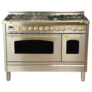 48 in. 5.0 cu. ft. Double Oven Dual Fuel Italian Range True Convection,7 Burners, Griddle,Brass T... | The Home Depot
