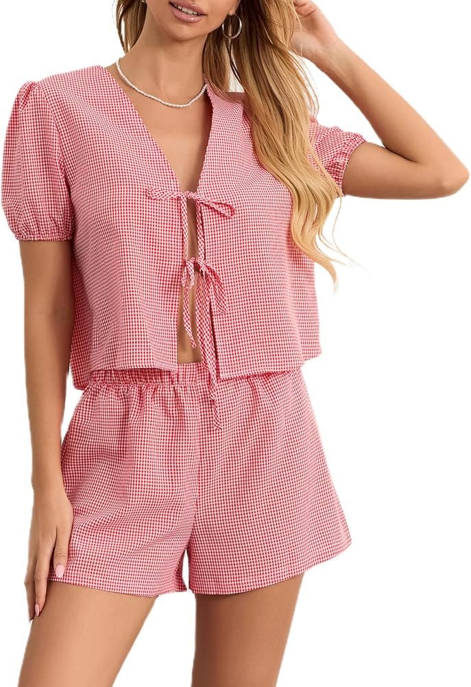 KMBANGI Women Tie Front Shorts Set Peplum Short Sleeve Shirt Gingham Plaid Shorts Y2K 2 Piece Paj... | Amazon (US)