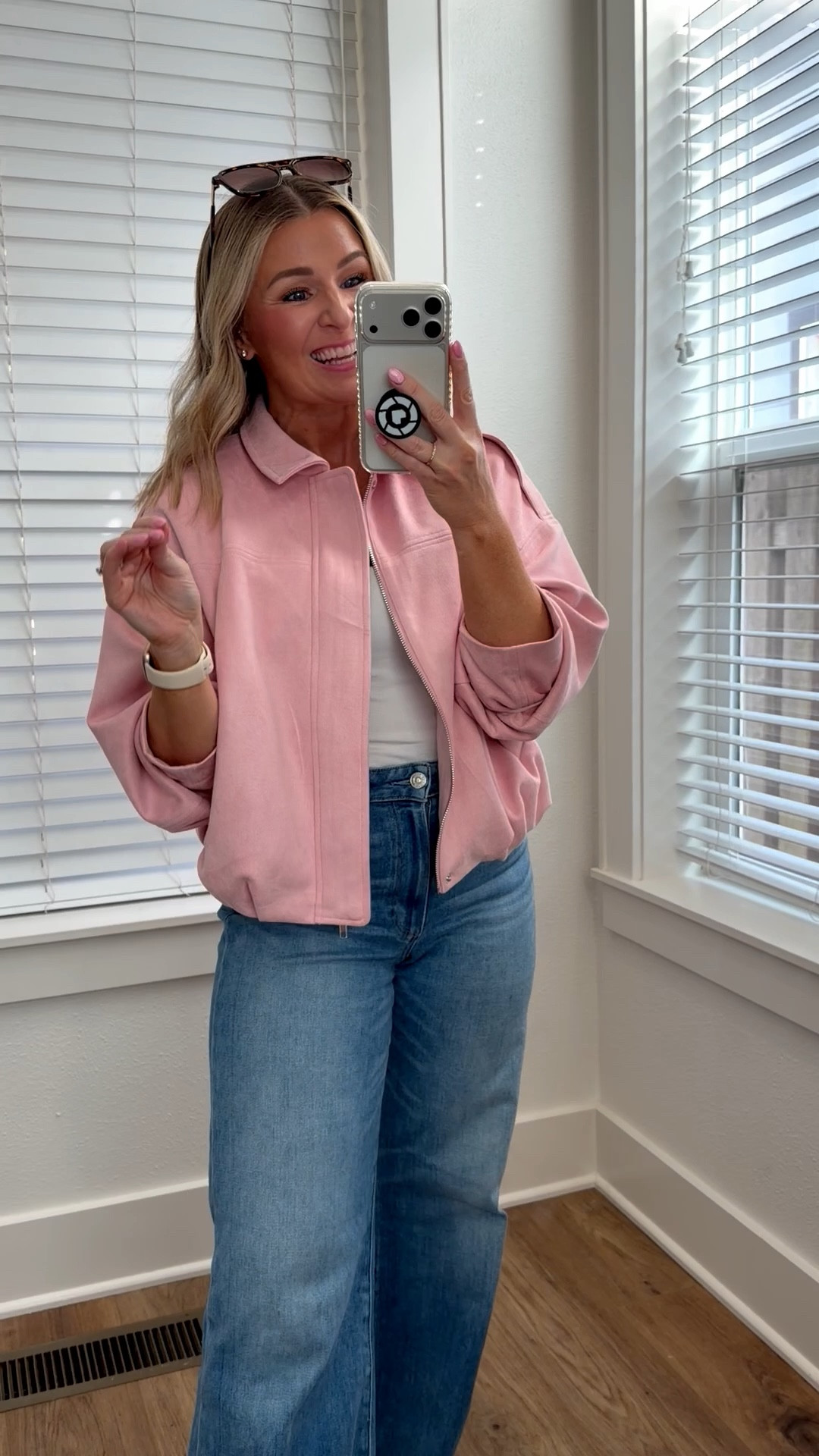 Spring outfit | 

Xsmall jacket (size down if you don’t want it super oversized) 
27 jeans 
Shoes run generous - size down 

#LTKootd #LTKgrwm #LTKOver40