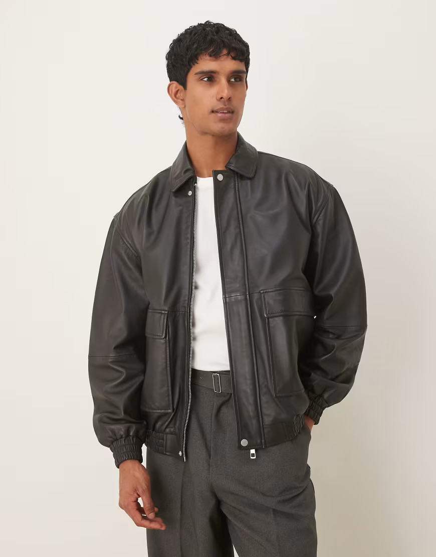 ASOS DESIGN oversized real leather bomber jacket in black | ASOS (Global)
