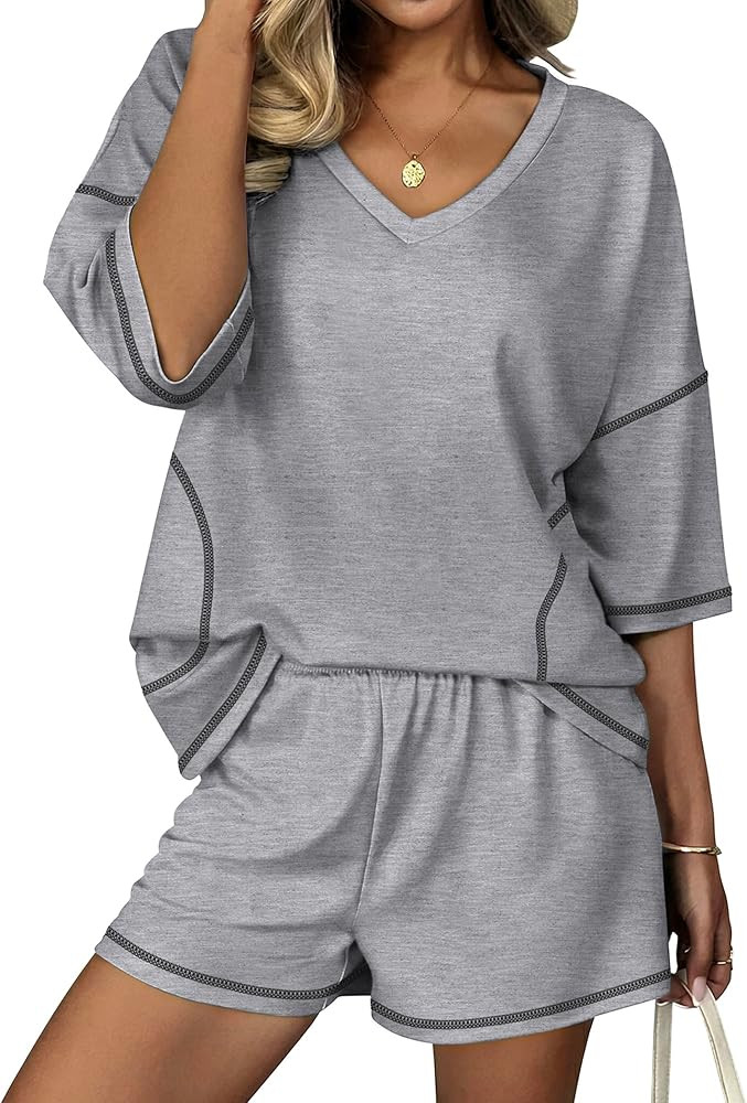 Ekouaer Two Piece Sets for Women Summer Lounge Sets 2026 Striped Shirts and Shorts Set Oversized ... | Amazon (US)