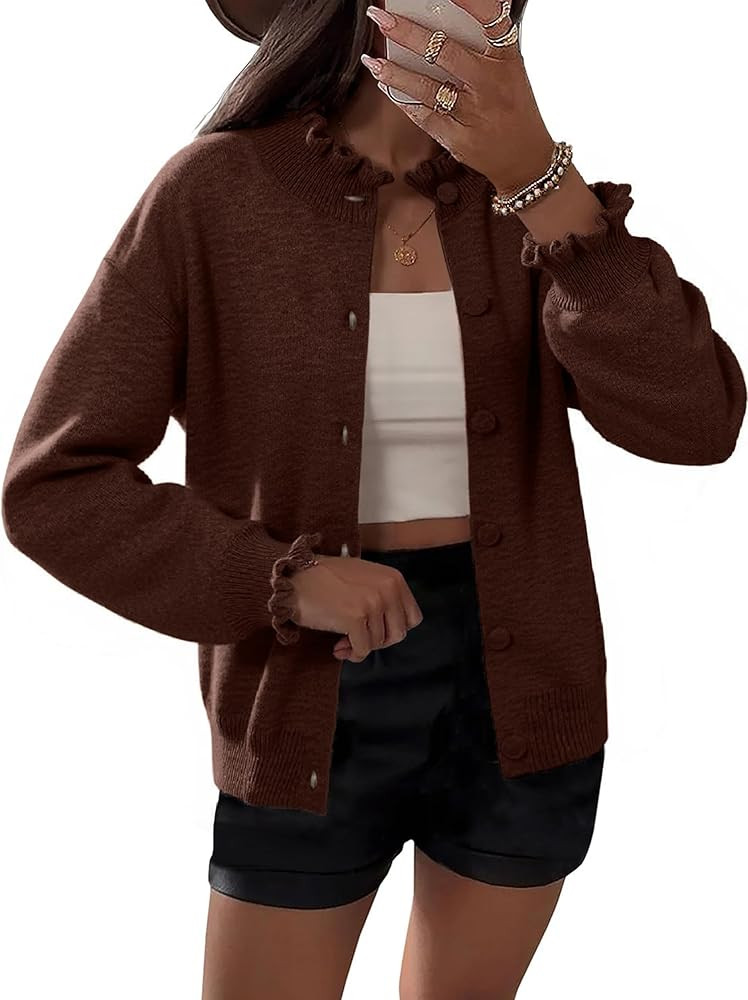 Simplee Short Knit Fall Cardigan Sweaters Cute Ruffle Mock Neck Long Sleeve Button Down Open Fron... | Amazon (US)
