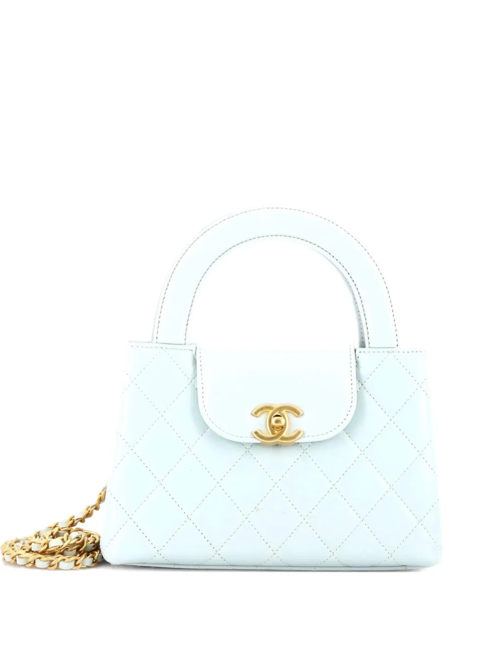 CHANEL Pre-Owned Kelly Top Handle Shopping Bag Quilted Shiny Aged Calfskin Mini Satchel | Blue | ... | Farfetch Global