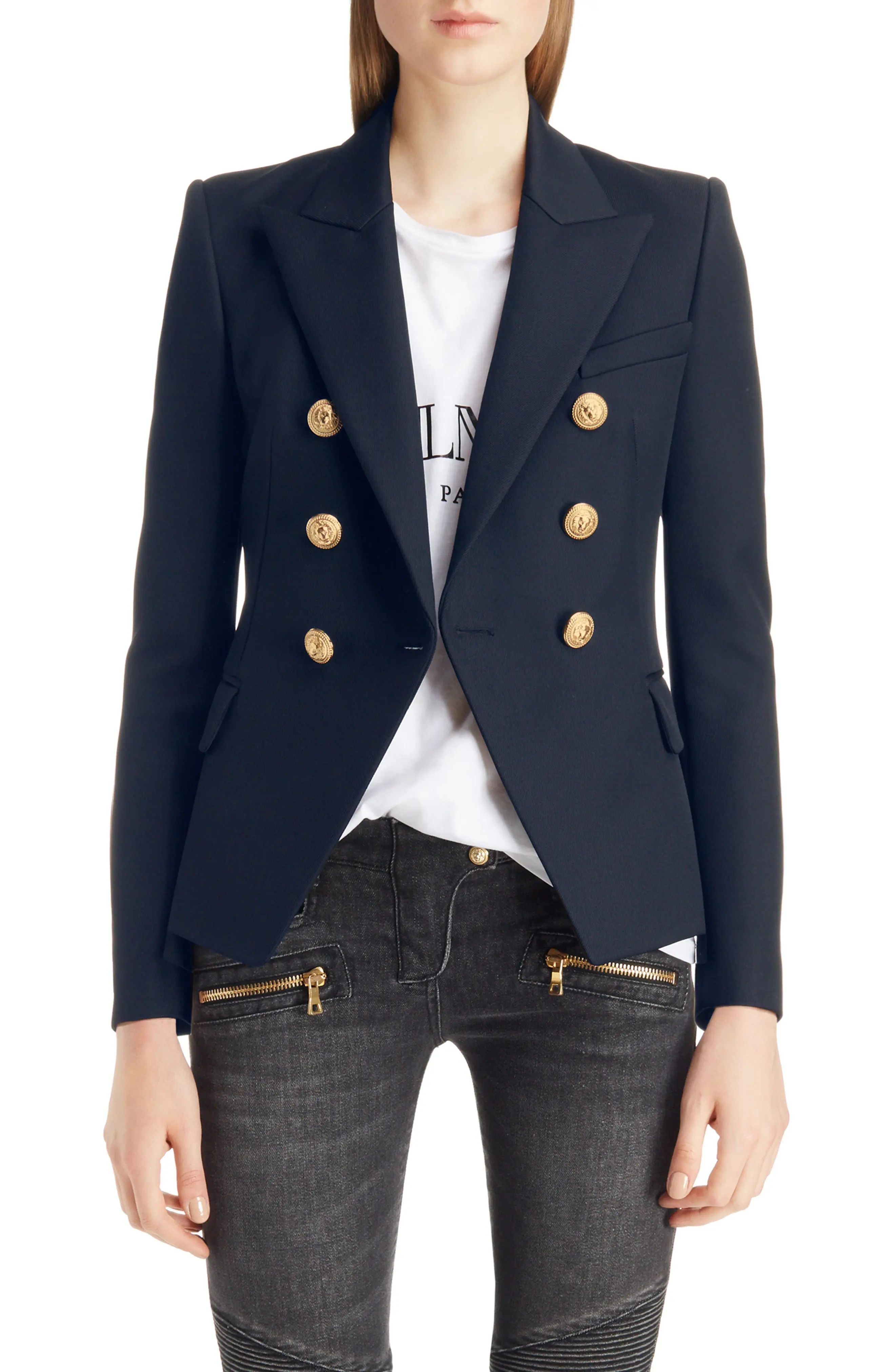 Women's Balmain Double Breasted Wool Blazer, Size 6 US / 38 FR - Blue | Nordstrom