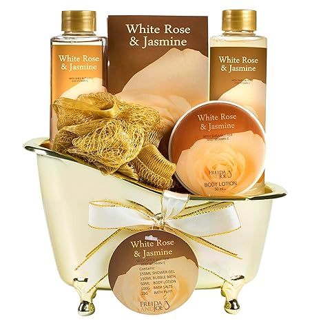White Rose Jasmine Spa Set For Women Displayed in Elegant Gold Tub Includes Shower Gel, Bubble Ba... | Amazon (US)
