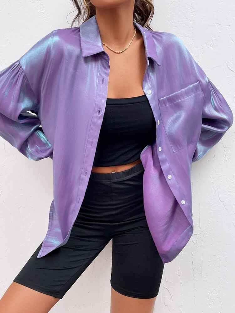 Holographic Drop Shoulder Patched Pocket Satin Blouse | SHEIN