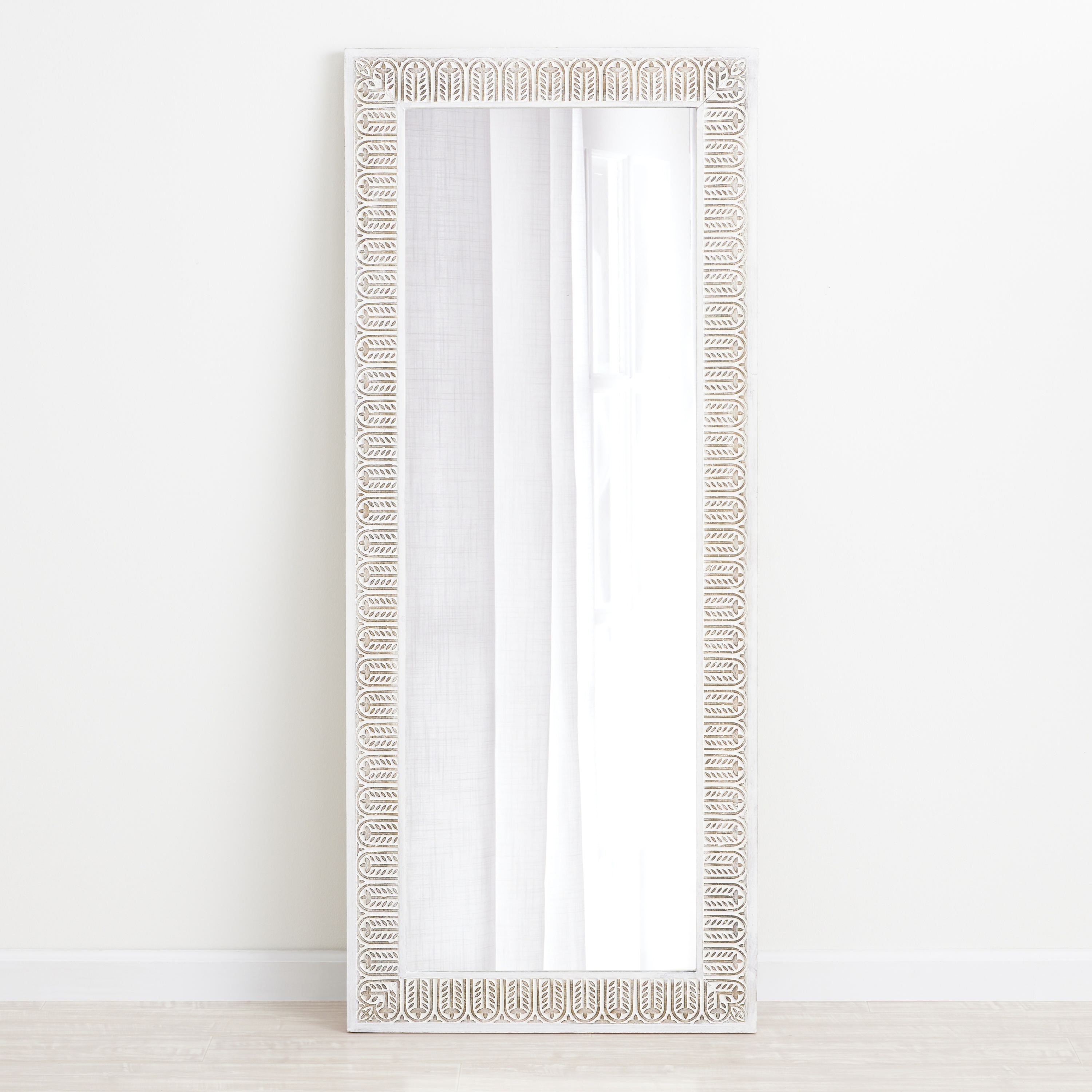 Natural And White Carved Wood Leaning Full Length Mirror | World Market