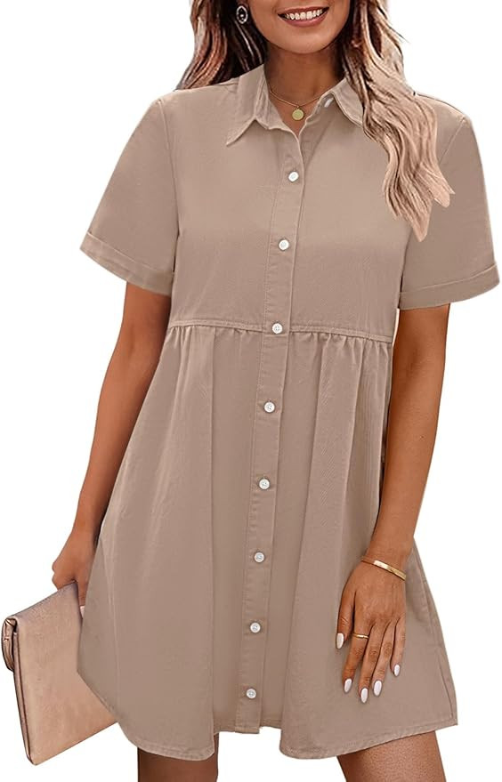 GRAPENT Denim Dress for Women Babydoll Tiered Short Sleeve Button Down Jean Shirt Dresses | Amazon (US)