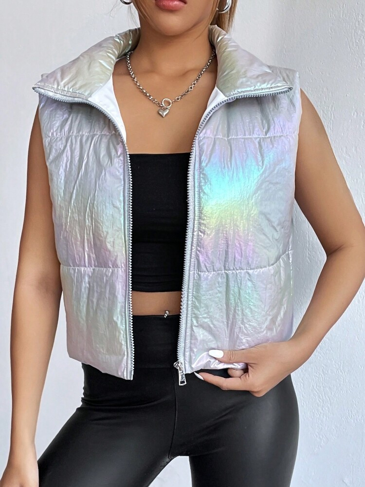 SHEIN MOOSTA Holographic Zip Up Vest Padded Coat | SHEIN