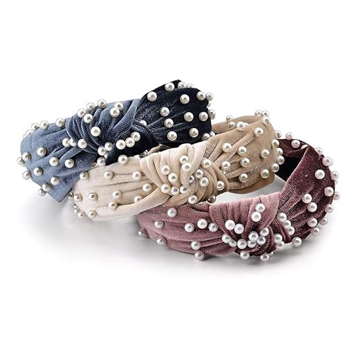 3 Pack Velvet Wide Headbands Knot Turban Headband Vintage Hairband with Faux Pearl Elastic Hair... | Amazon (US)