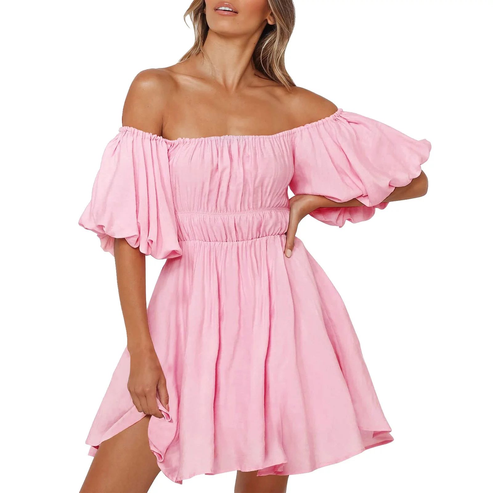 PMVFHDE Summer Dresses For Women 2024 Short Puff Sleeve Off Shoulder Mini Dress Ruffled A Line Fl... | Walmart (US)