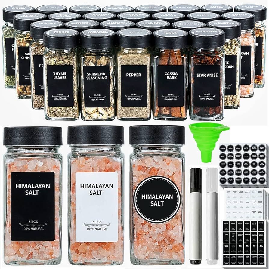 24 Glass Spice Jars with Label-4oz Spice Containers with Black Lids and Shaker Lids,3 Sets of Spi... | Amazon (US)