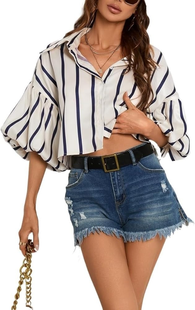 Blouses For Women Trendy Casual Loose Striped Button Lantern Sleeve Shirt Fashion Tops Tee | Amazon (US)