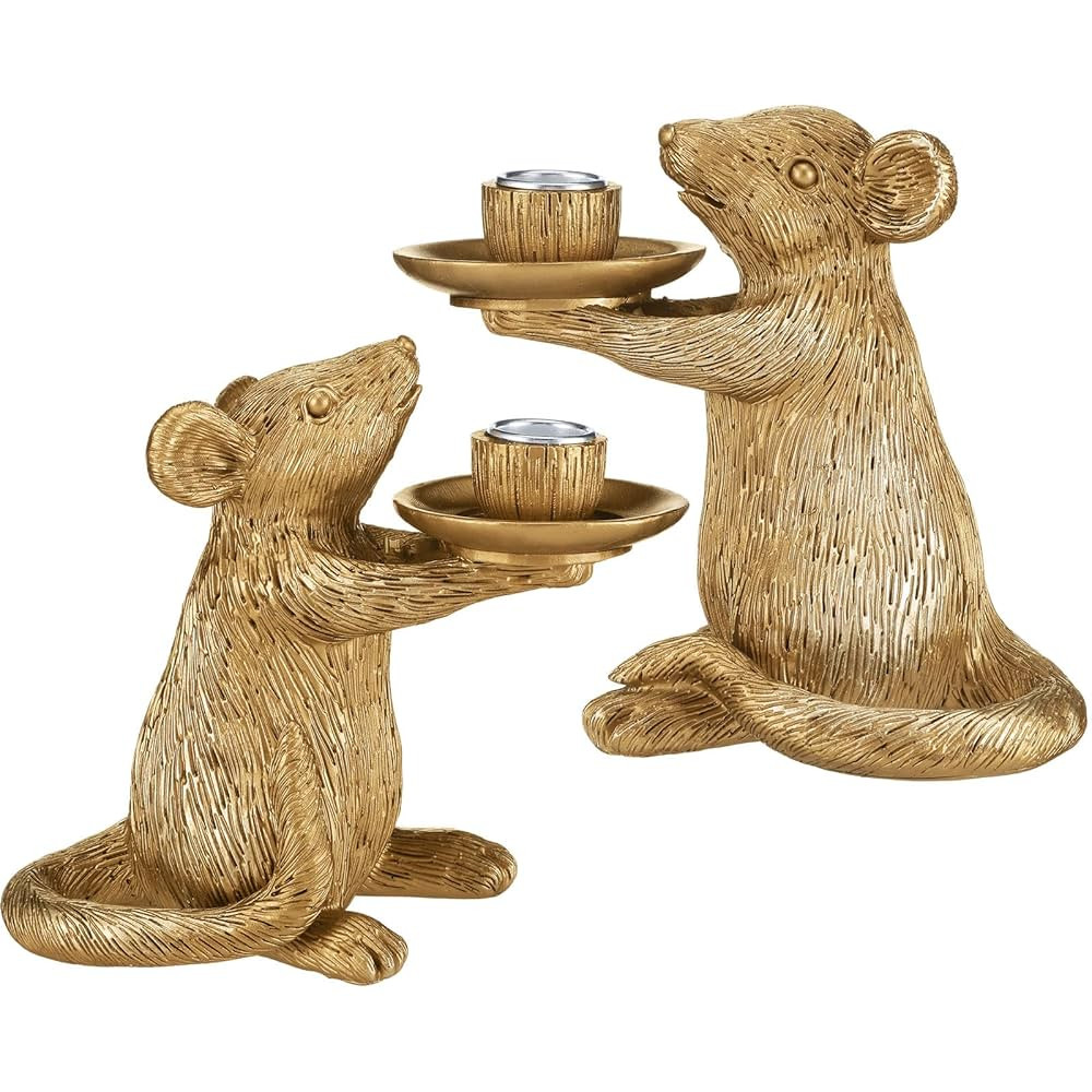 Mumufy Set of 2 Gold Antique Mouse Candle Holders Resin Candlestick Holder Table Decor for Living... | Amazon (US)