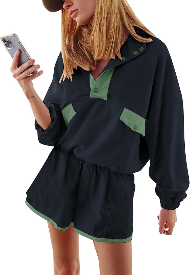 Quarter Button Sweatsuits Women Oversized Color Block Sweatshirts Sets Shorts Tracksuits 2025 Cas... | Amazon (US)
