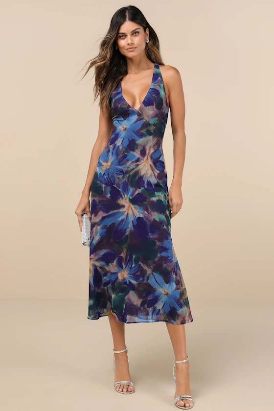 Delight in Elegance Blue Multi Floral Halter Cutout Midi Dress | Lulus