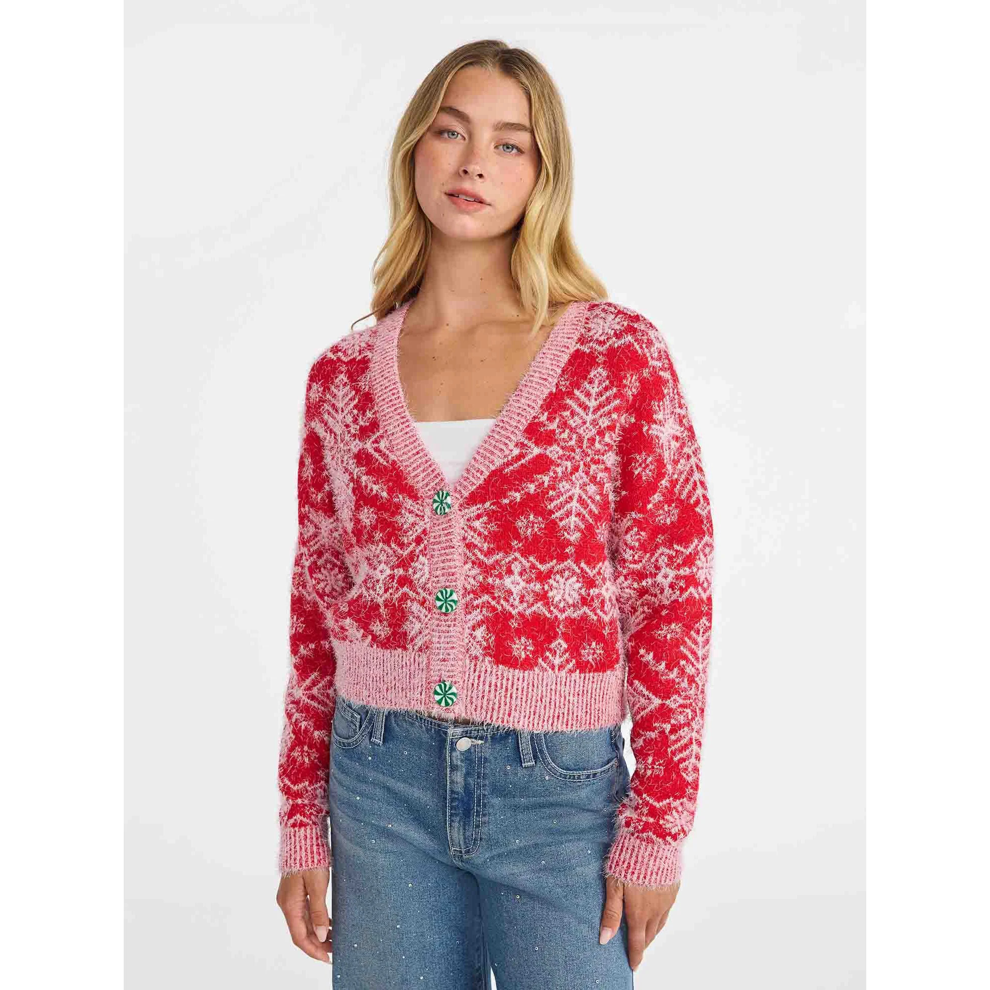 No Boundaries Embroidered Christmas Cardigan, Women's & Women's Plus | Walmart (US)