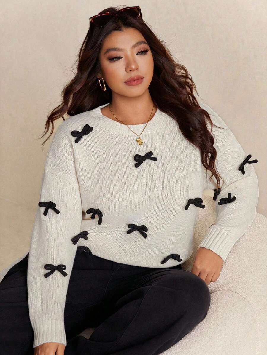 Elaquor Plus Size Women Casual Bow Decor Sweater, Autumn/Winter Fall | SHEIN