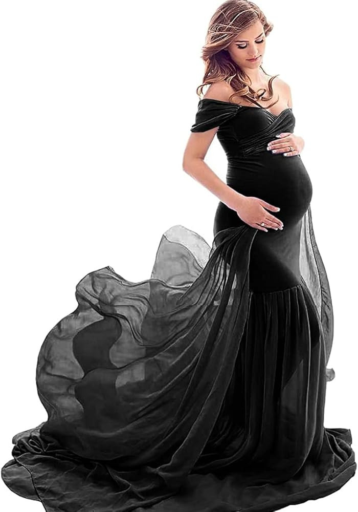JustVH Maternity Off Shoulder Mermaid Chiffon Gown V Neck Maxi Photo Shoot Photography Dress for ... | Amazon (US)