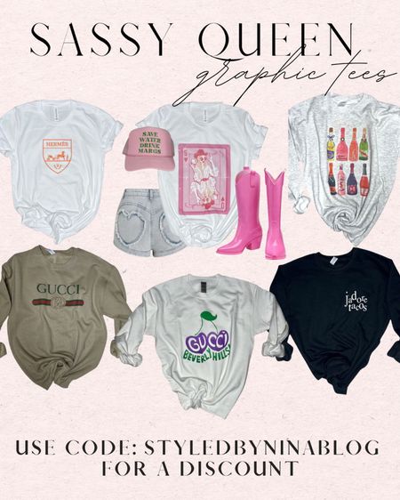 Sassy queen designer tees - use code: styledbyninablog for a discount! 🪩 

Designer tees - gucci tee - designer graphic tees - designer inspired tshirt - gucci sweatshirt - Hermes tshirt - Valentine’s Day gift guide - valentines gifts for her - galentines - rodeo outfits - western tees - western tops - Houston rodeo outfits - NFR fashion - concert outfits 


#LTKsalealert #LTKGiftGuide #LTKSeasonal