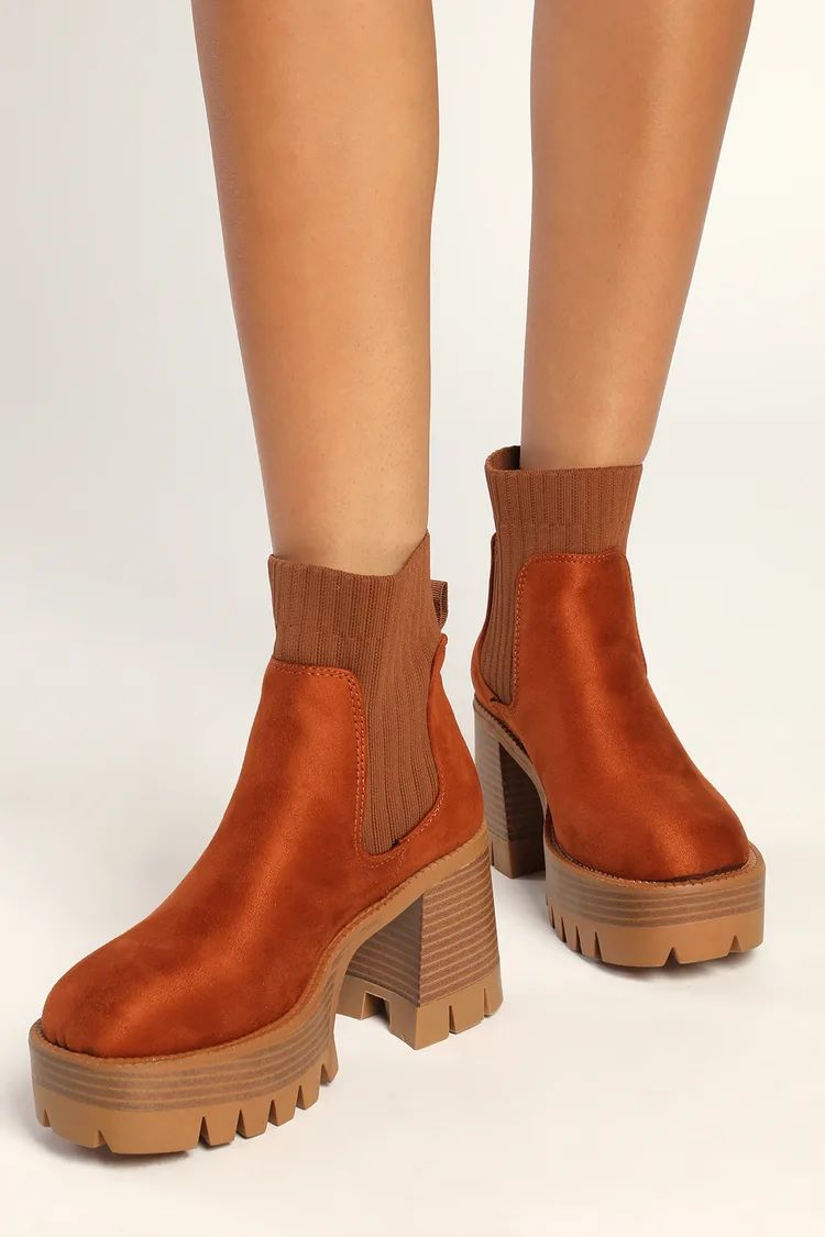 Elanore Chestnut Suede Slip-On Platform Chelsea Boots | Lulus (US)