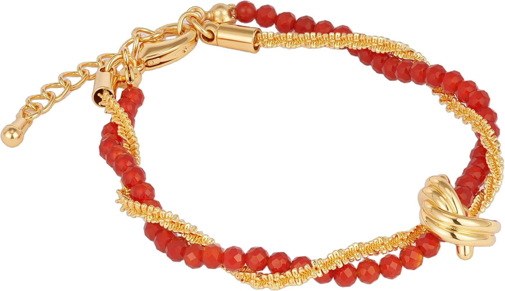 Red Agate Bohemian Vintage Charm Chain Bracelet 18k Gold Plated Beaded Stackable Link Bracelet wi... | Amazon (US)