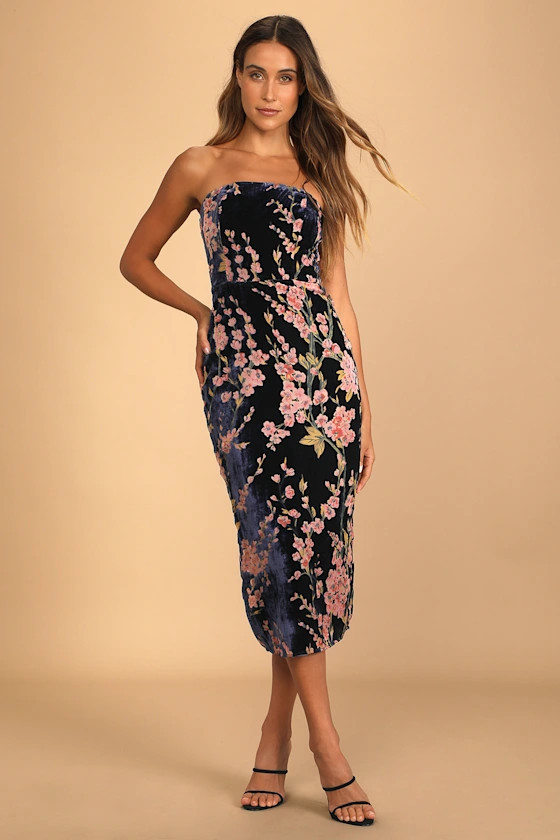 Buy You Flowers Navy Floral Print Velvet Strapless Midi Dress | Lulus (US)