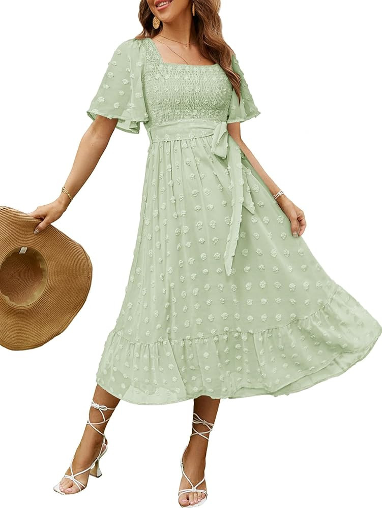 Amegoya Women's Boho Flowy Long Sleeve Square Neck Floral Midi Dress Smocked Spring Fall Wedding ... | Amazon (US)