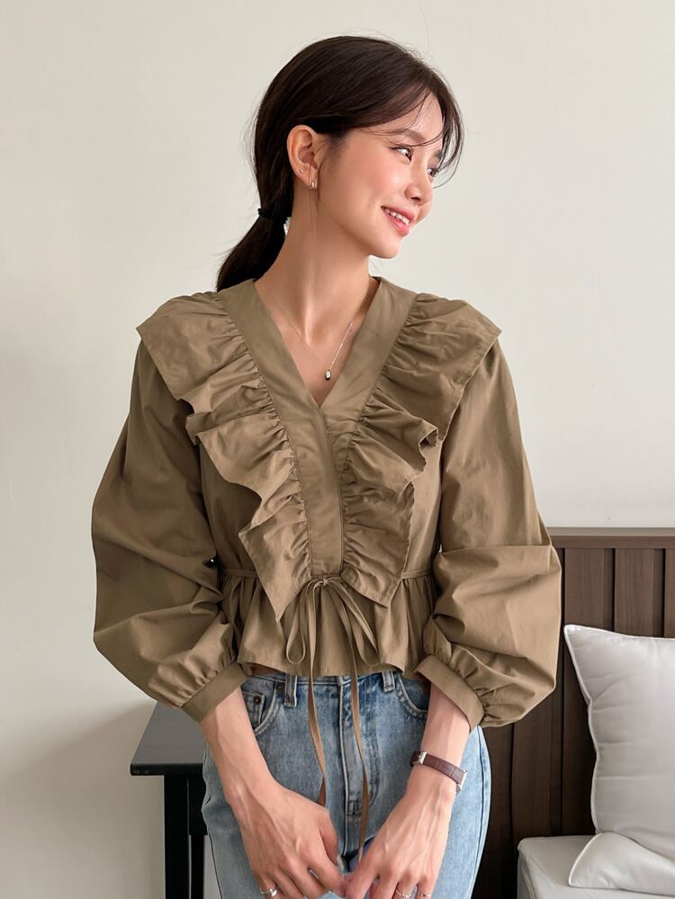 DAZY Ruffle Trim Tie Front Bishop Sleeve Blouse | SHEIN